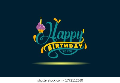 happy birthday calligraphy hand lettering with cake and candle in dark background