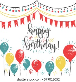 Happy birthday! Calligraphy hand written greeting card with garlands  banner poster hand drawn in cartoon style red and blue fashion trendy colors. Perfect for kid or girl birthday.