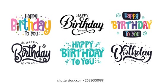 Happy birthday calligraphy text clipart set. Birthday greeting in colorful handwriting, font, cursive and lettering clip art collection for party invitation card handwritten style vector illustration.