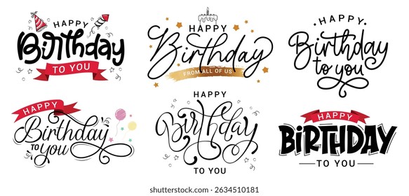 Happy birthday calligraphy text clipart set. Birthday greeting and wishes typography text for invitation card in handwriting, cursive and lettering font style clip art collection vector illustration.