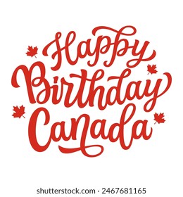 Happy Birthday Canada. Hand lettering text with maple leaves on red background. Vector typography for independence day decorapions, posters, banners, cards