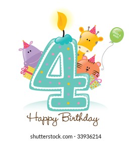 Happy Birthday Candle and Animals Isolated over white