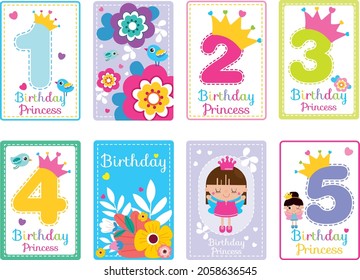 Happy  birthday candle. Baby girl greeting card with fairy princess vector background.