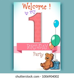 Happy birthday candle number 1 bday party, cartoon bear, card 