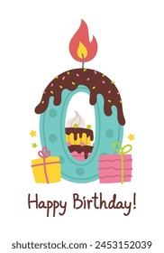 Happy birthday. Candle number, gifts, Cake, star. Zero. Vector illustration isolated on white