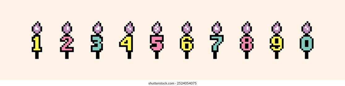 Happy Birthday candle number icon set. Cute event decoration element in pixel art style. Party, celebration colorful design. Vector illustration. Y2k vintage pixel icons. Game abstract collage sticker