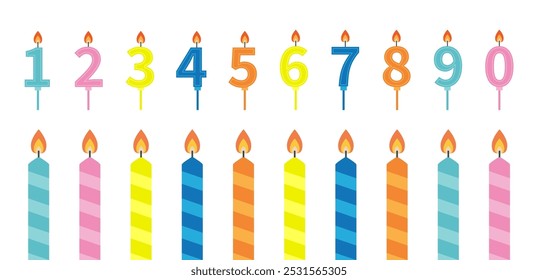 Happy Birthday candle number set. Numbers Striped burning candles with fire flame. Different bright color. Clip art elements for invitation, birthday card. Isolated White background Flat design Vector