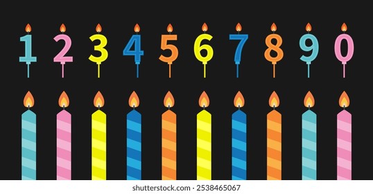 Happy Birthday candle number set. Numbers Striped burning candles with fire flame. Different bright color. Clip art elements for invitation, birthday card Black background. Isolated Flat design Vector