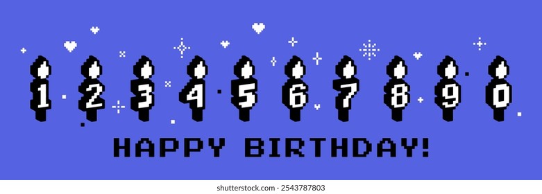 Happy Birthday candle number set line in pixel art style. Event decoration element. Vector illustration. Y2k. 3d numbers with fire. Game abstract sticker for poster, collage, invitation, party