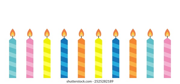 Happy Birthday candle set line banner. Different bright color. Striped burning candles with fire flame. Clip art elements for invitation, poster, birthday card. Flat design. White background. Vector