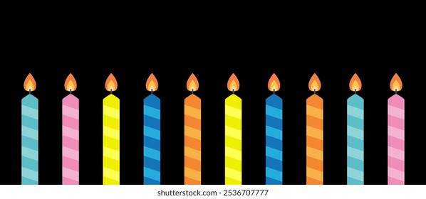 Happy Birthday candle set line banner. Striped burning candles with fire flame. Different bright color. Clip art elements for invitation, poster, birthday card. Flat design. Black background. Vector