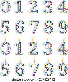 Happy Birthday Candles, numbers, 0, 1, 2, 3, 4, 5, 6, 7, 8, 9.  All the numbers you need to create any age, on a transparent ground. Candles with flame and Candles without flame