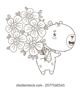 Happy Birthday Capybara with Bouquet of Flowers. Outline Cute holiday cartoon kawaii animal. Line drawing, coloring book. Vector illustration. Kids collection