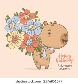 Happy Birthday Capybara with Large Bouquet of Flowers. Cute holiday cartoon kawaii character animal with funny slogan. Vector illustration. Kids collection