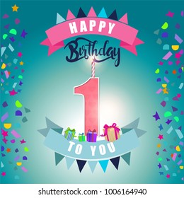 Happy Birthday card, 1 anniversary with candle, number one, blue background

