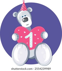 Happy birthday card. 1st anniversary card with cute teddy bear holding heart