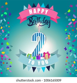 Happy Birthday card, 2 anniversary with candle, number two, blue background
