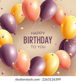 Happy birthday card with 3d balloons, falling confetti. Beige background. Vector design for party, celebration anniversary, holiday, event.