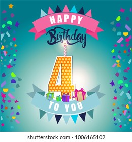 Happy Birthday card, 4 anniversary with candle, number four, blue background
