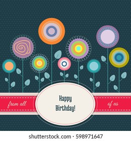 Happy Birthday Card With Abstract Flowers And Blue Background