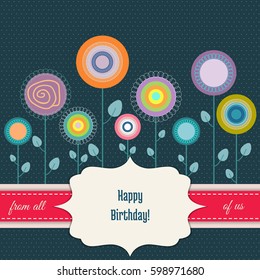 Happy Birthday Card With Abstract Flowers And Blue Background