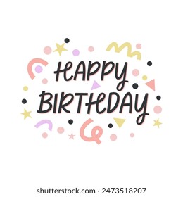 Happy birthday card, abstract hand drawn vector quote with decorative elements, make a wish, party celebration poster, card, background