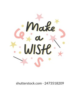 Happy birthday card, abstract hand drawn vector quote with decorative elements, make a wish, party celebration poster, card, background