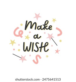 Happy birthday card, abstract hand drawn vector quote with decorative elements, make a wish, party celebration poster, card, background