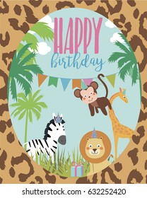 Happy Birthday card with african animals. Vector illustration