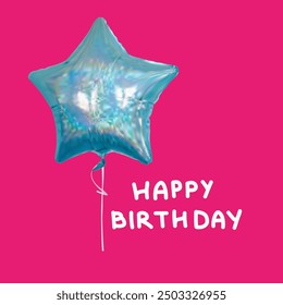 Happy birthday card. Air balloon vector 3d icon with inscription. Blue inflatable ball in the shape of a star for birthday celebrations