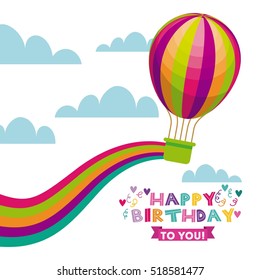 happy birthday card with air balloon icon over sky background. vector illustration