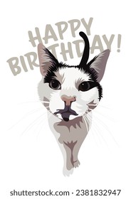 Happy birthday card with animal and text. Present for a cat lover. Funny cartoon curious cat illustration. Minimalistic birthday card with three cats, text. Holiday present, feline topic.