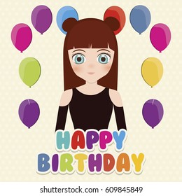 happy birthday card with anime girl and balloons. colorful design. vector illustration