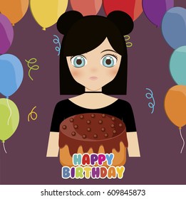 happy birthday card with anime girl and cake. colorful design. vector illustration