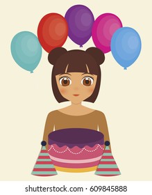 happy birthday card with anime girl and balloons. colorful design. vector illustration