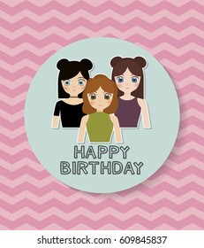 happy birthday card with anime girls icon. colorful design. vector illustration