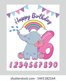 happy birthday card with baby elephant and balloons numbres on rainbow and pennants vector illustration