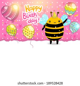 Happy Birthday card background with a bee. Vector holiday party template