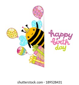 Happy Birthday card background with a bee. Vector holiday party template