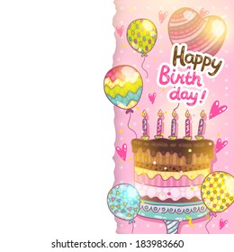 Happy Birthday card background with cake. Vector holiday party template 