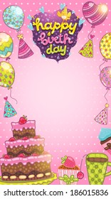 Happy Birthday card background with cake, balloons and cupcakes. Vector holiday party template