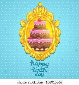 Happy Birthday card background with cake in frame. Vector holiday party template