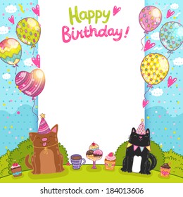 Happy Birthday Card Background With A Cat, Dog And Cupcakes. 