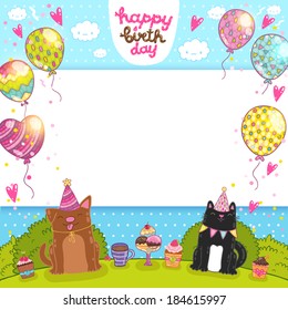 Happy Birthday card background with a cat, dog and cupcakes. Vector holiday background for your invitation design.