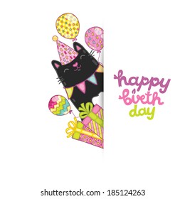 Happy Birthday card background with a cat. Vector holiday party template