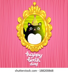 Happy Birthday card background with a cat in frame. Vector holiday party template