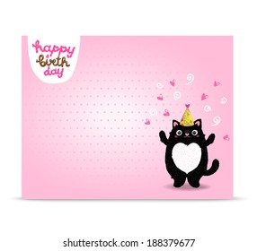 Happy Birthday card background with a cat. Vector holiday party template