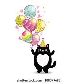 Happy Birthday card background with a cat. Vector holiday party template