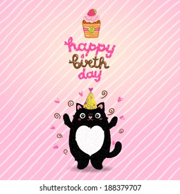 Happy Birthday card background with a cat. Vector holiday party template