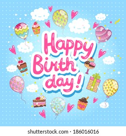 Happy Birthday card background with cupcakes and balloons. Vector holiday party template